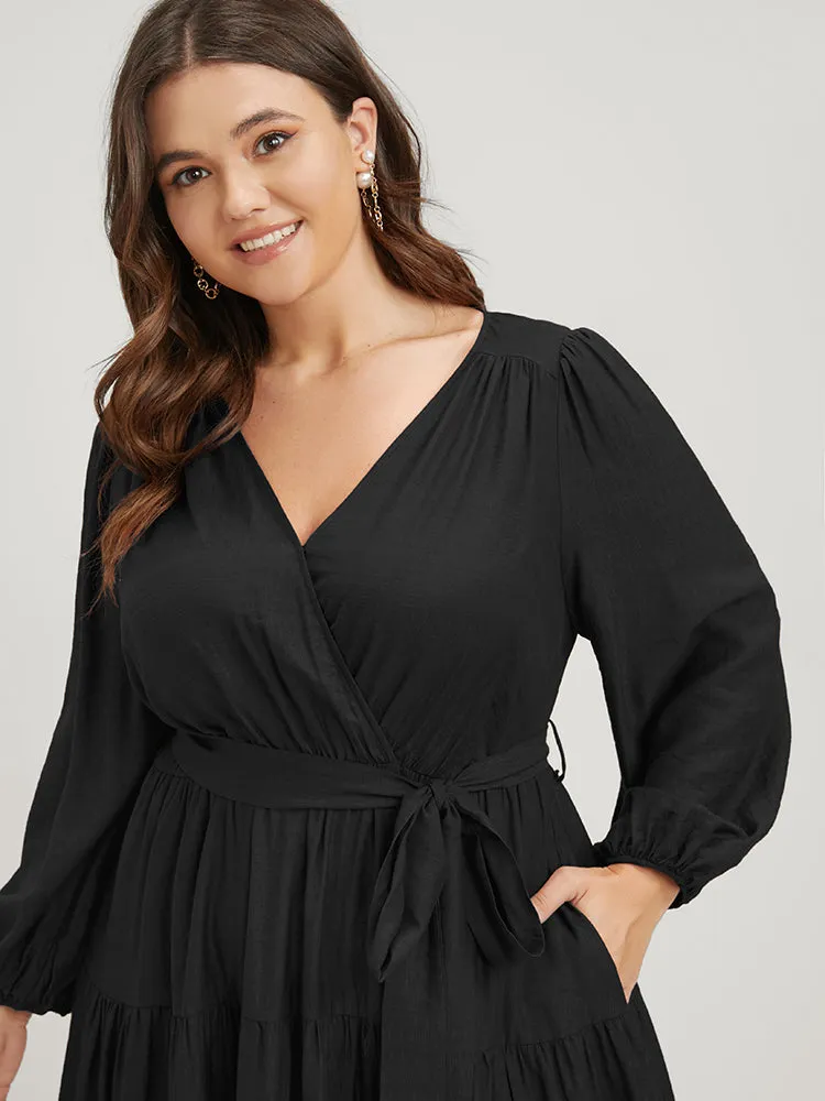 Solid Pocket Flutter Tiered Lantern Sleeve Belted Dress sold by Bloomchic product image thumbnail 5