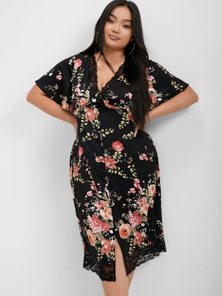 Floral V Neck Lace Button Bodycon Dress sold by Bloomchic product image thumbnail 3