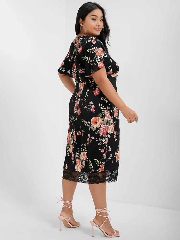 Floral V Neck Lace Button Bodycon Dress sold by Bloomchic product image thumbnail 4