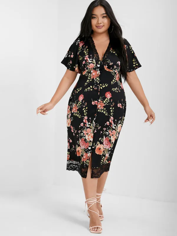 Floral V Neck Lace Button Bodycon Dress sold by Bloomchic