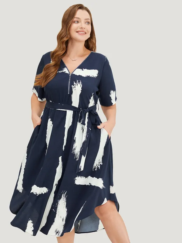 Brush Print Half Zipper Pocket Belt Curved Hem Dress sold by Bloomchic