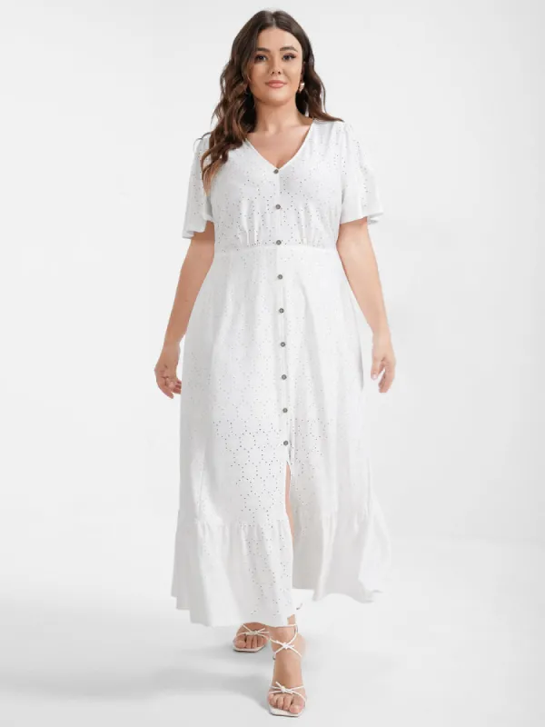 Solid Broderie Anglaise Button Split Ruffled Midi Dress sold by Bloomchic