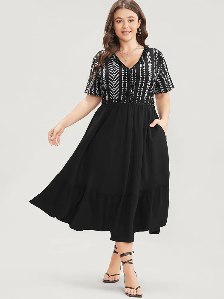 Geometric Contrast Pocket V Neck Flutter Hem Midi Dress sold by Bloomchic