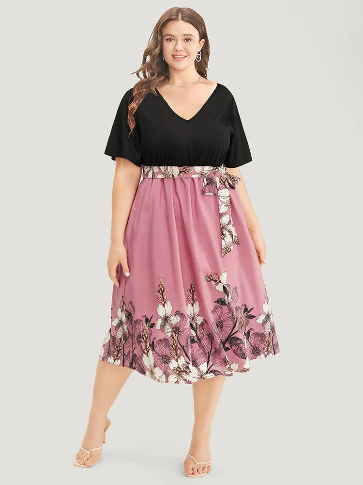 Floral Patchwork Contrast Belt Pocket Ruffle Dress sold by Bloomchic product image thumbnail 2
