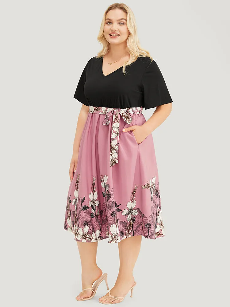 Floral Patchwork Contrast Belt Pocket Ruffle Dress sold by Bloomchic product image thumbnail 3