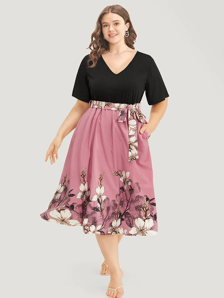 Floral Patchwork Contrast Belt Pocket Ruffle Dress sold by Bloomchic