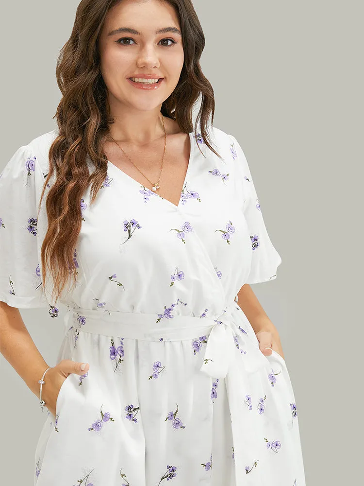 Ditsy Floral Wrap Pocket Split Belted Flutter Sleeve Dress sold by Bloomchic product image thumbnail 5