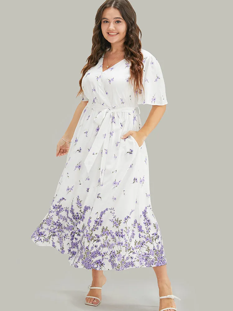 Ditsy Floral Wrap Pocket Split Belted Flutter Sleeve Dress sold by Bloomchic product image thumbnail 3