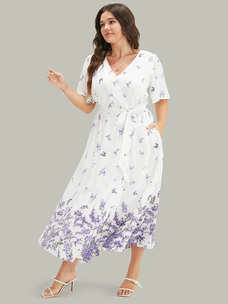 Ditsy Floral Wrap Pocket Split Belted Flutter Sleeve Dress sold by Bloomchic product image thumbnail 2