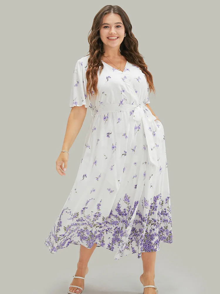 Ditsy Floral Wrap Pocket Split Belted Flutter Sleeve Dress sold by Bloomchic