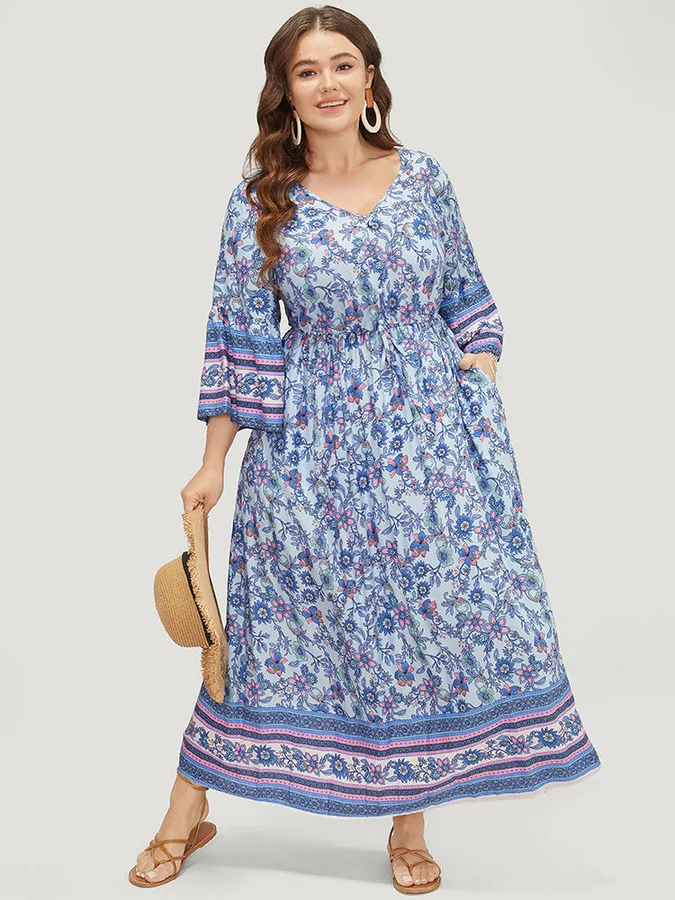 Bandana Flounce Sleeve Knot Button Detail Ruffle Hem Dress sold by Bloomchic