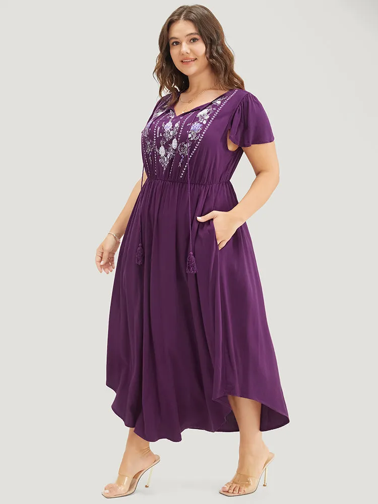 Floral Tie Neck Tassels Pocket Ruffle Arc Hem Dress sold by Bloomchic product image thumbnail 3