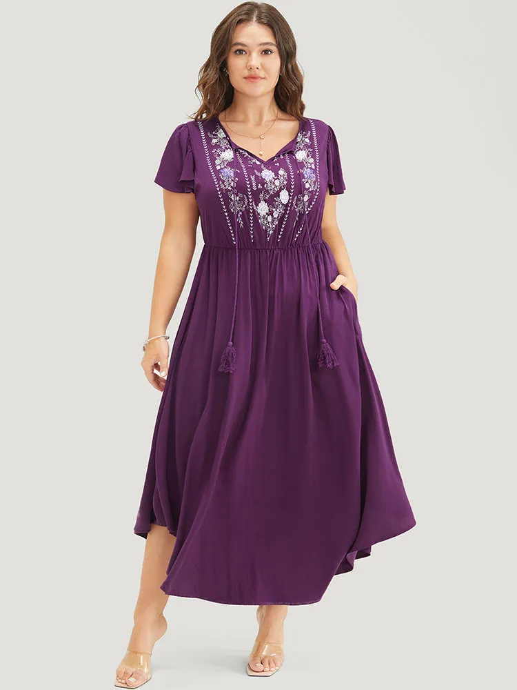 Floral Tie Neck Tassels Pocket Ruffle Arc Hem Dress sold by Bloomchic product image thumbnail 2