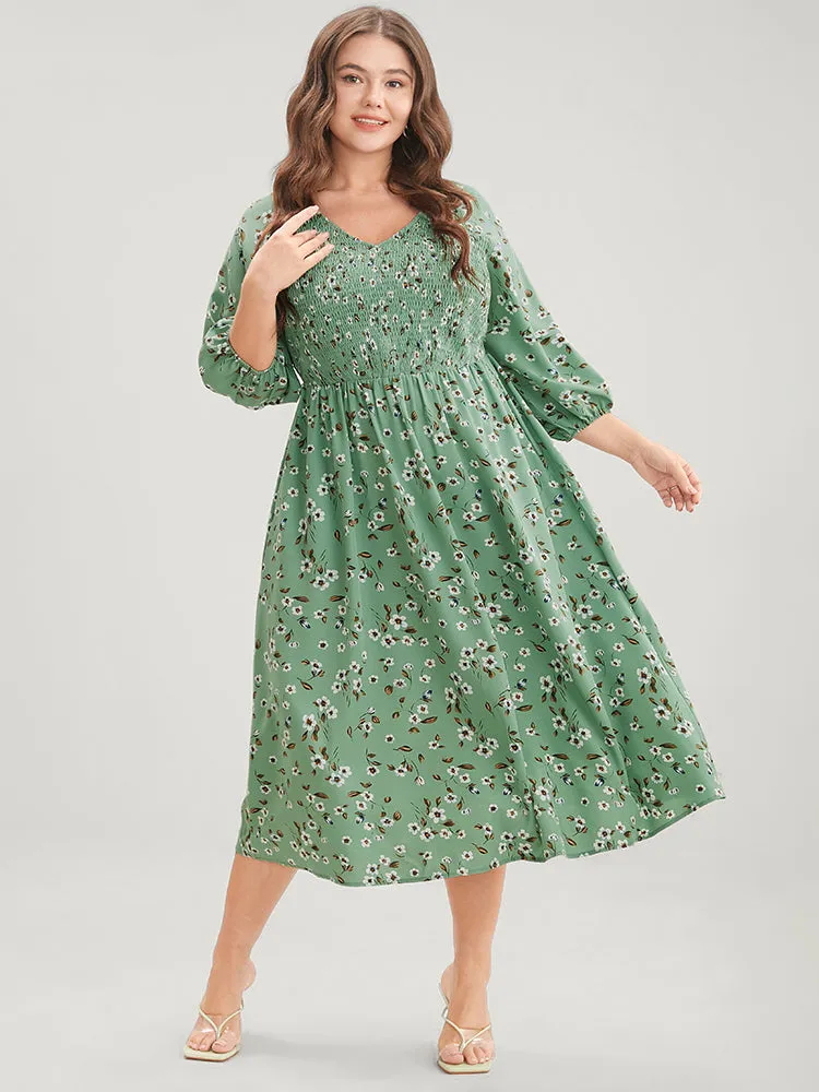 Ditsy Floral V Neck Pocket Lantern Sleeve Shirred Flutter Dress sold by Bloomchic