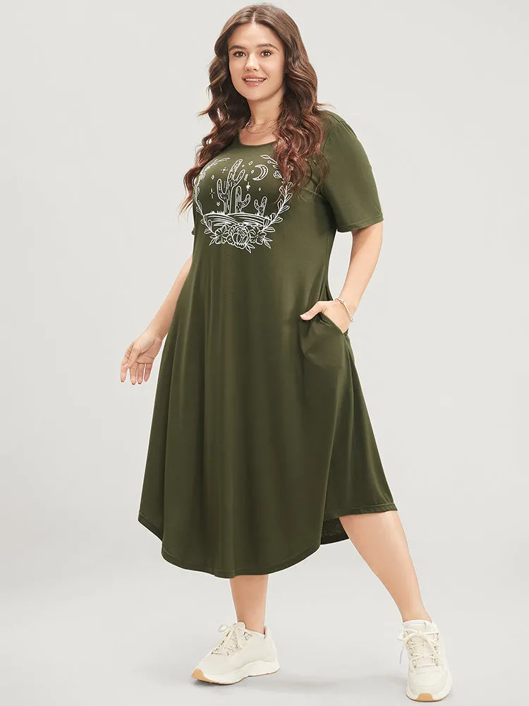 Graphic Print Pocket Arc Hem Tee Dress sold by Bloomchic