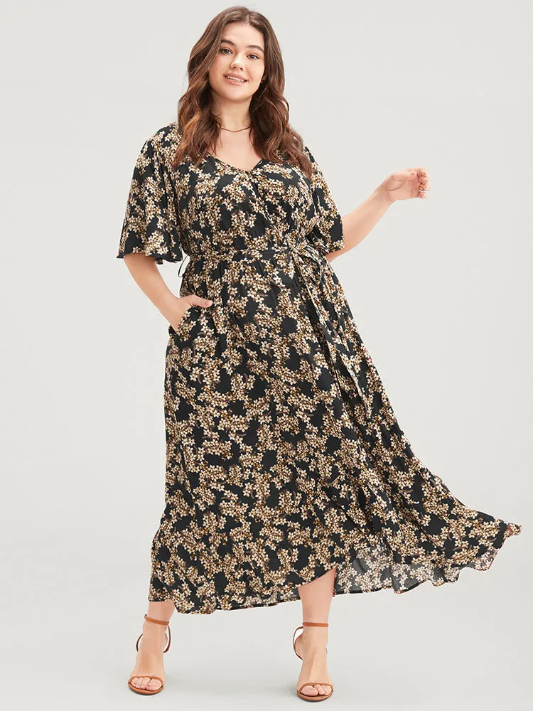 Floral Print Wrap Ruffles Pocket Belted Asymmetrical Hem Dress sold by Bloomchic product image thumbnail 2
