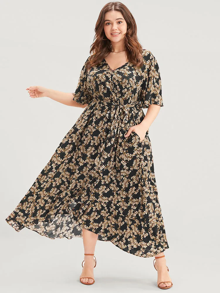 Floral Print Wrap Ruffles Pocket Belted Asymmetrical Hem Dress sold by Bloomchic