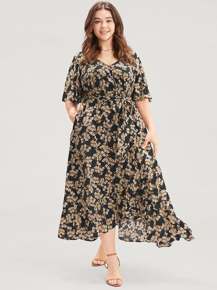 Floral Print Wrap Ruffles Pocket Belted Asymmetrical Hem Dress sold by Bloomchic product image thumbnail 4