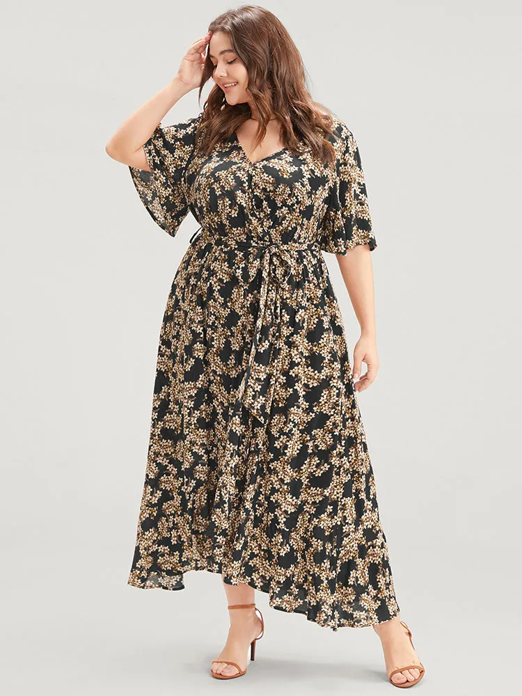 Floral Print Wrap Ruffles Pocket Belted Asymmetrical Hem Dress sold by Bloomchic product image thumbnail 3