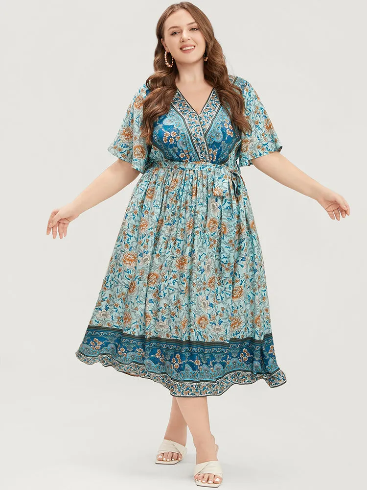 Floral Print Pocket Ruffles Belted Surplice Neck Dress sold by Bloomchic product image thumbnail 3