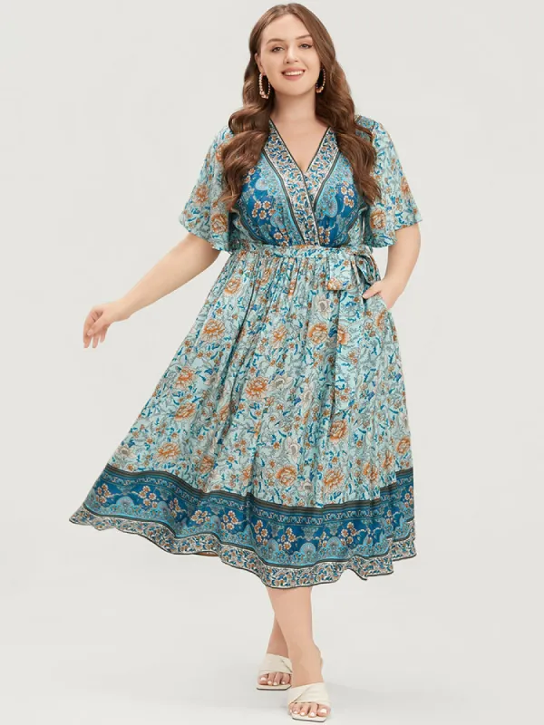 Floral Print Pocket Ruffles Belted Surplice Neck Dress sold by Bloomchic