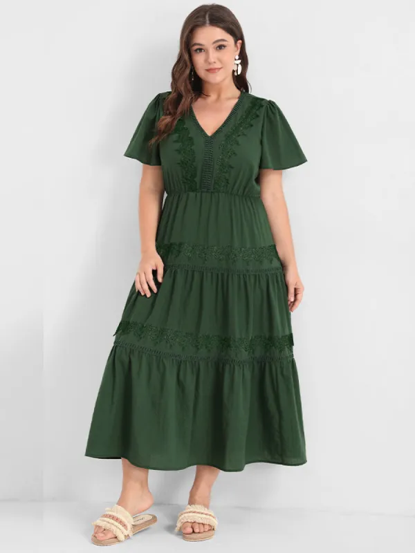 Floral Ruffled Patchwork Eyelet Lace V Neck Dress sold by Bloomchic
