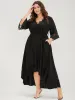 Solid Bell Sleeve Pocket Asymmetrical Hem Belted Lace Wrap Dress sold by Bloomchic