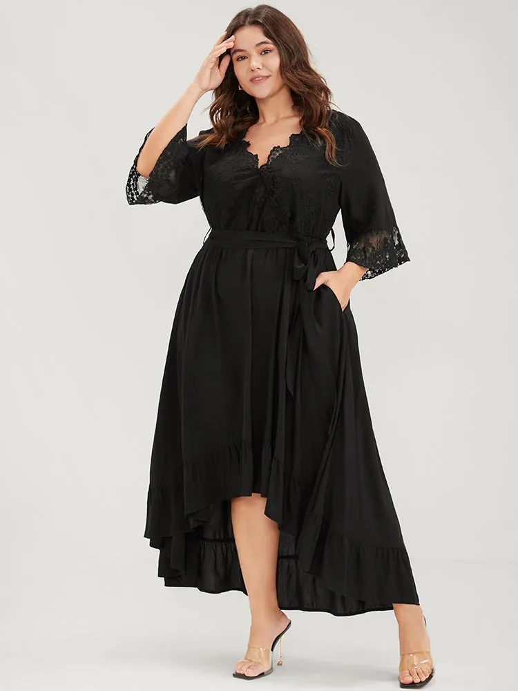 Solid Bell Sleeve Pocket Asymmetrical Hem Belted Lace Wrap Dress sold by Bloomchic product image thumbnail 2