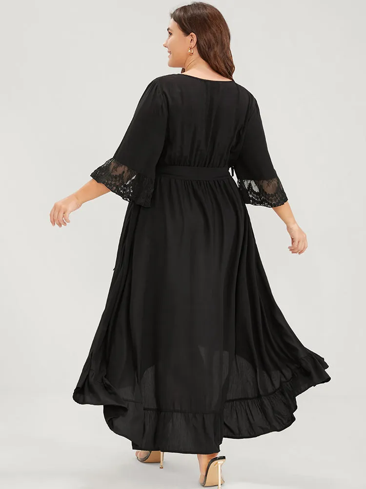 Solid Bell Sleeve Pocket Asymmetrical Hem Belted Lace Wrap Dress sold by Bloomchic product image thumbnail 4