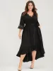 Solid Bell Sleeve Pocket Asymmetrical Hem Belted Lace Wrap Dress sold by Bloomchic