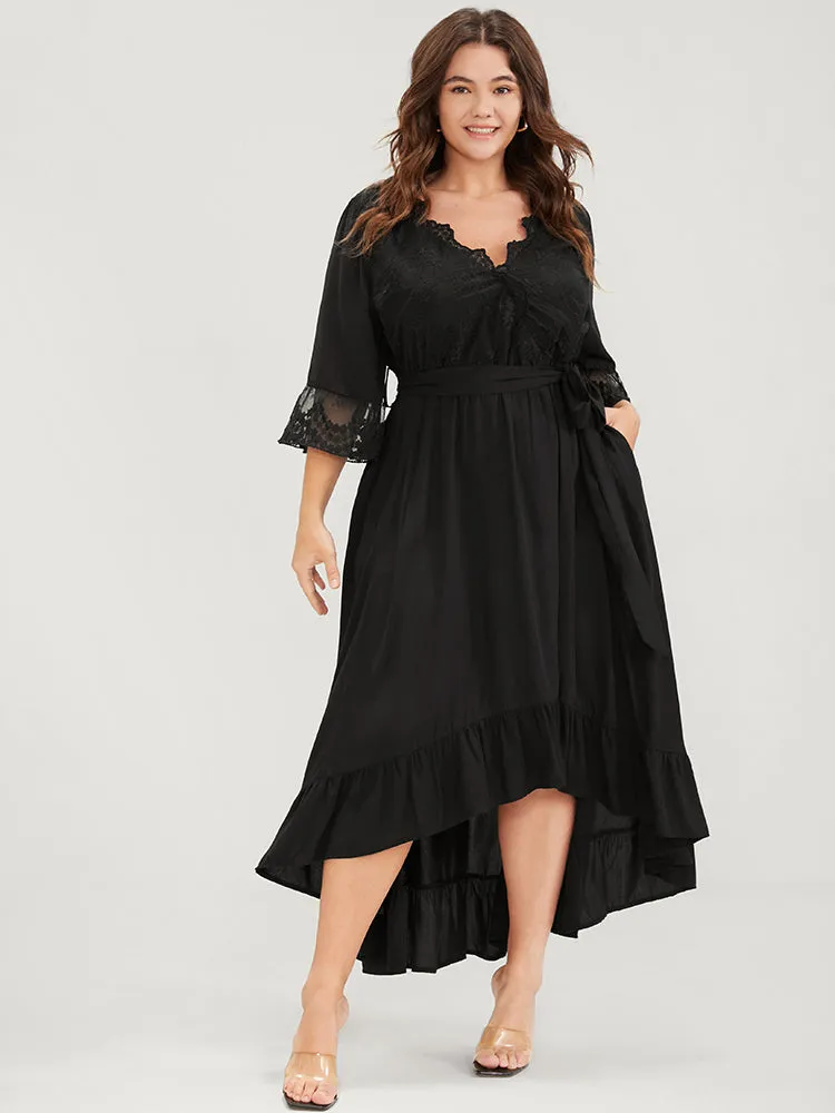 Solid Bell Sleeve Pocket Asymmetrical Hem Belted Lace Wrap Dress sold by Bloomchic product image thumbnail 3