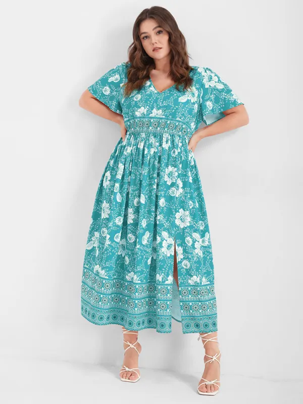 Floral Print Ruffled Ruched Split Maxi Dress sold by Bloomchic
