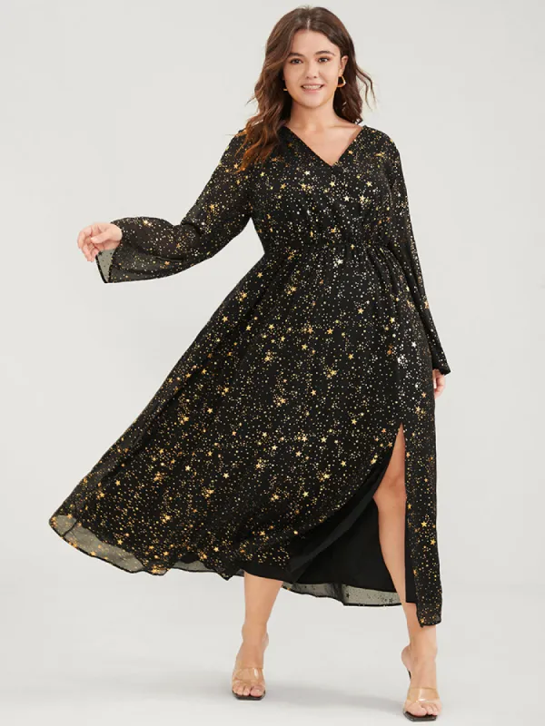 Star Split Button Bell Sleeve Flutter Hem Wrap Maxi Dress sold by Bloomchic