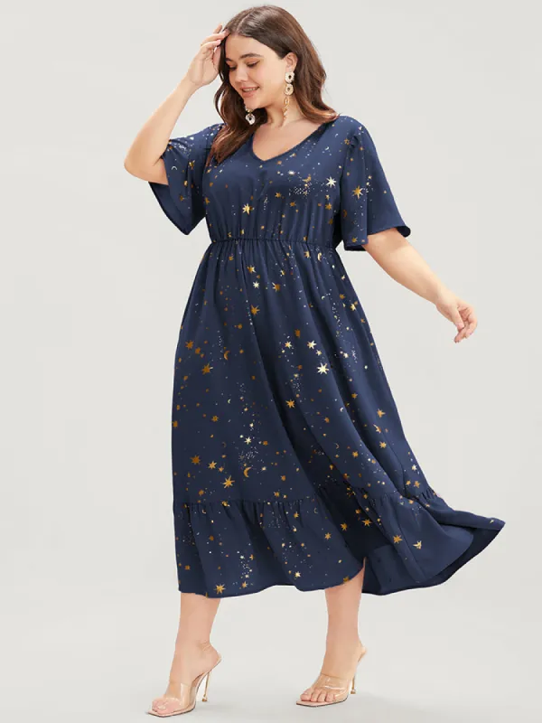 Moon And Star Pocket V Neck Flutter Hem Dress sold by Bloomchic