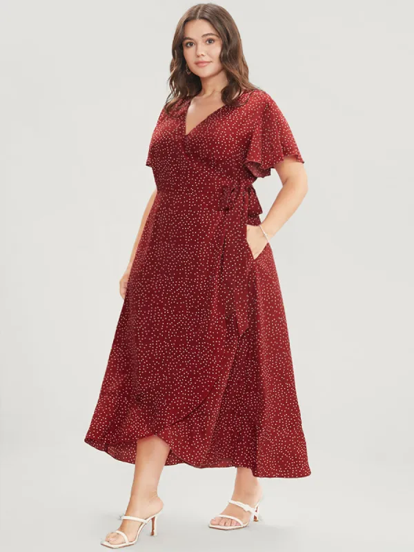 Polka Dot Ruffle Sleeve Pocket Knotted Side Surplice Neck Dress sold by Bloomchic