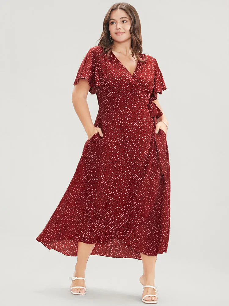 Polka Dot Ruffle Sleeve Pocket Knotted Side Surplice Neck Dress sold by Bloomchic product image thumbnail 2