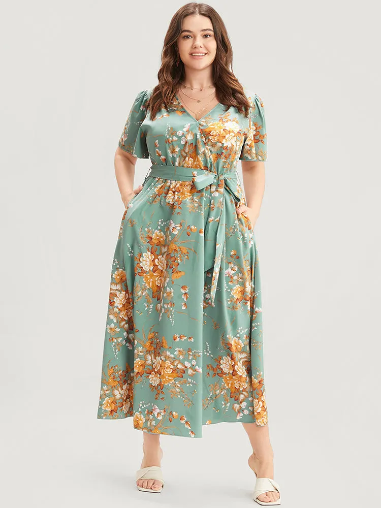 Floral Print Surplice Neck Ruffles Pocket Belted Split Hem Dress sold by Bloomchic product image thumbnail 4