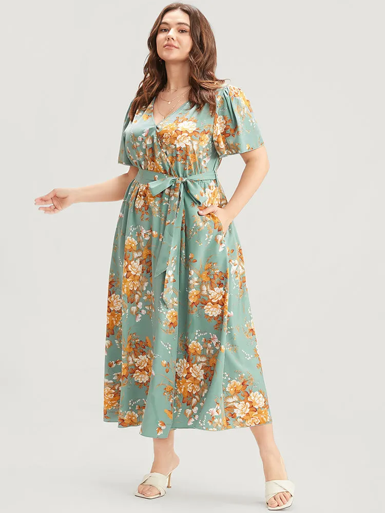 Floral Print Surplice Neck Ruffles Pocket Belted Split Hem Dress sold by Bloomchic product image thumbnail 3