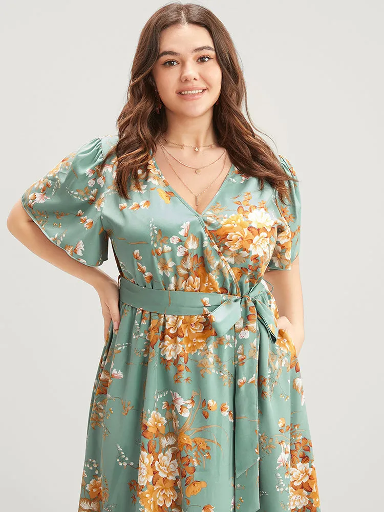 Floral Print Surplice Neck Ruffles Pocket Belted Split Hem Dress sold by Bloomchic product image thumbnail 5