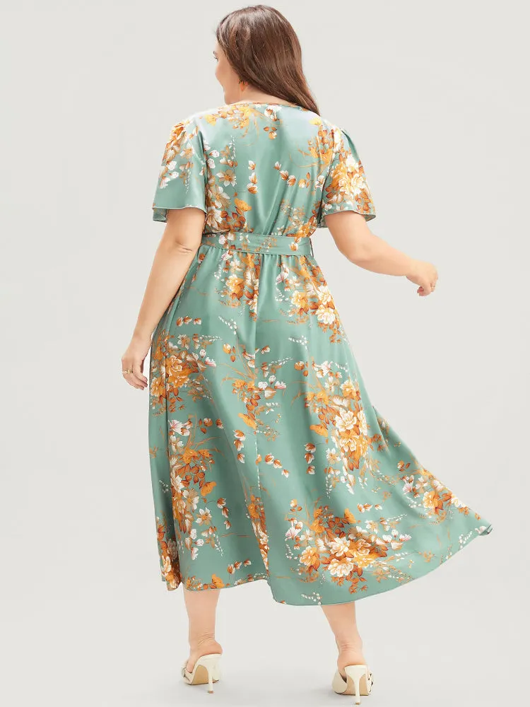 Floral Print Surplice Neck Ruffles Pocket Belted Split Hem Dress sold by Bloomchic product image thumbnail 2