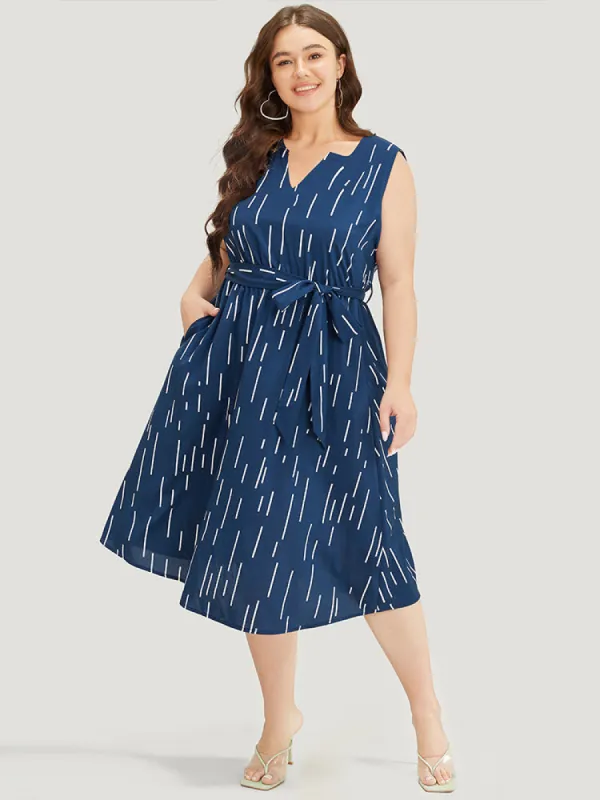 Geometric Pocket Ruffle Hem Belted Notched Neck Tank Dress sold by Bloomchic