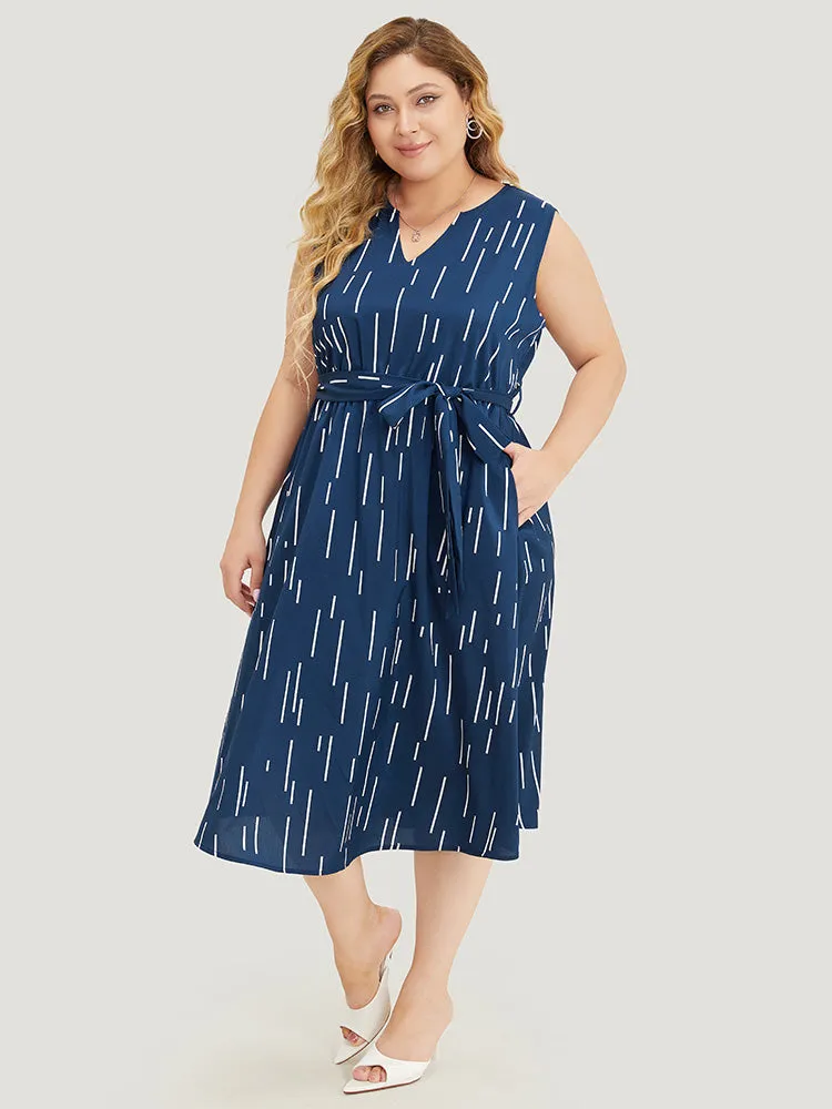 Geometric Pocket Ruffle Hem Belted Notched Neck Tank Dress sold by Bloomchic product image thumbnail 4