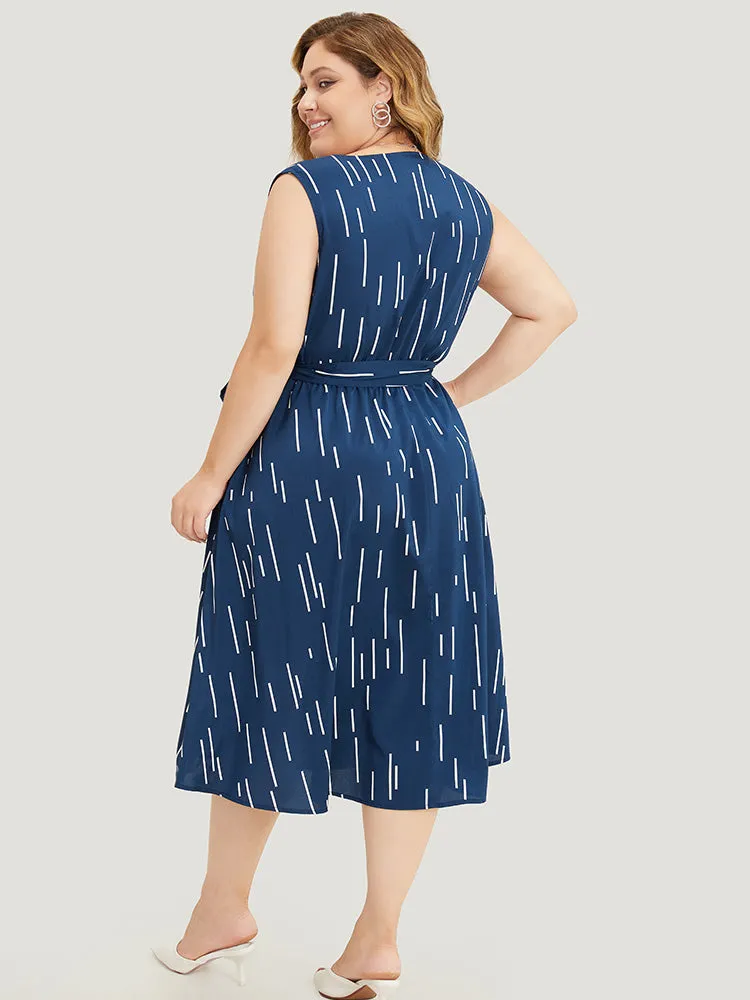 Geometric Pocket Ruffle Hem Belted Notched Neck Tank Dress sold by Bloomchic product image thumbnail 3