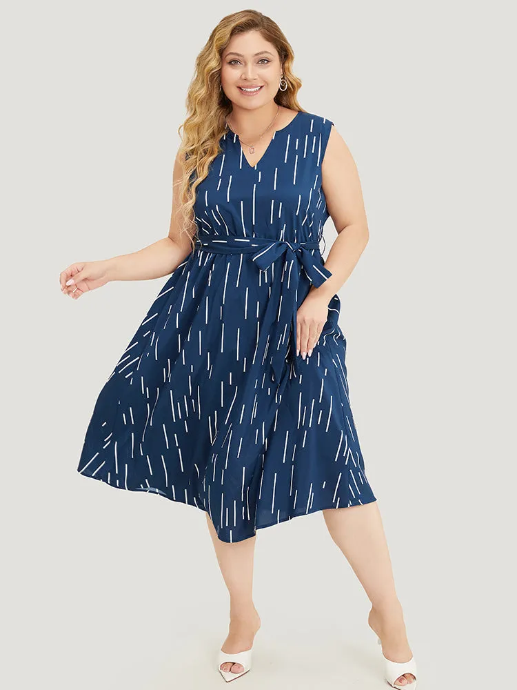 Geometric Pocket Ruffle Hem Belted Notched Neck Tank Dress sold by Bloomchic product image thumbnail 2