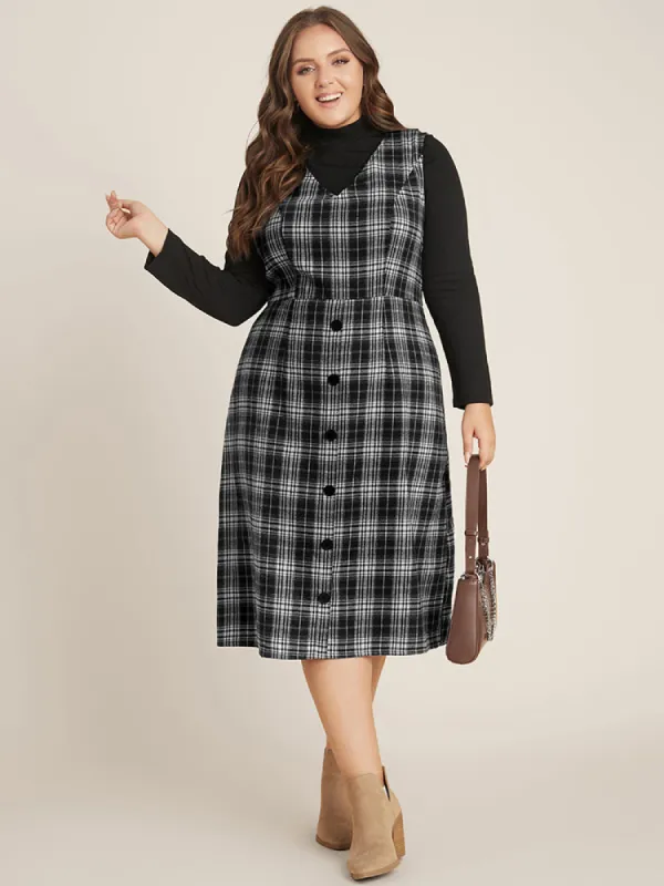 Plaid Sleeveless Button Detail Dress Without Sweater sold by Bloomchic