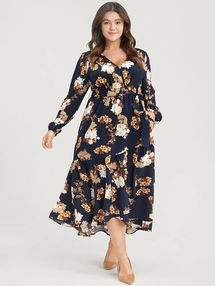 Floral Wrap Pocket Belted High Low Hem Dress sold by Bloomchic product image thumbnail 4