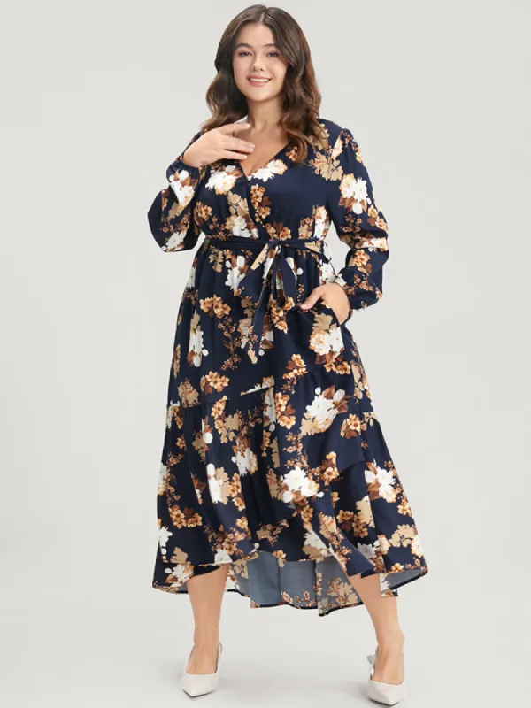 Floral Wrap Pocket Belted High Low Hem Dress sold by Bloomchic