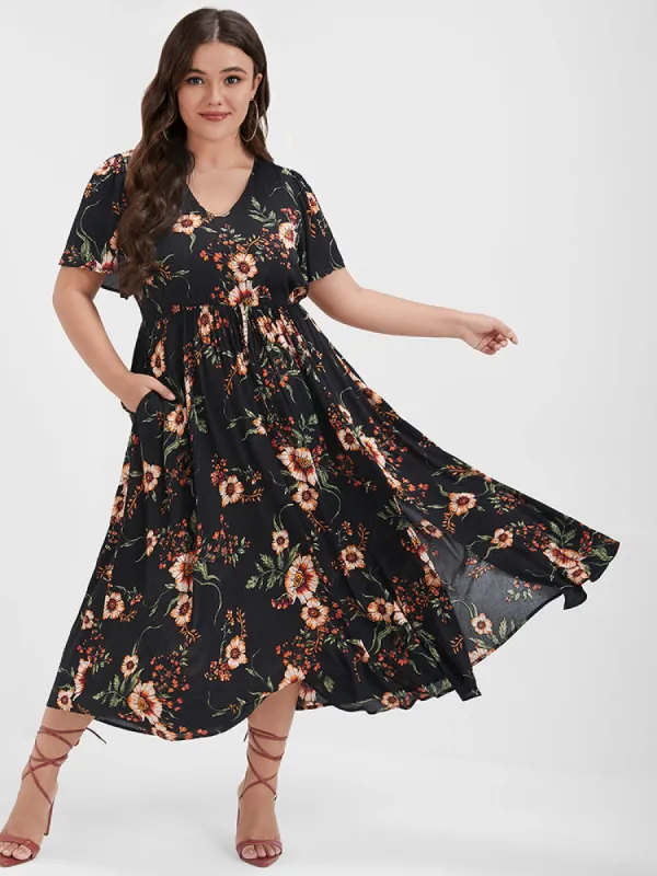 Floral Split Elastic Waist Pocket Ruffled Maxi Dress made by Bloomchic
