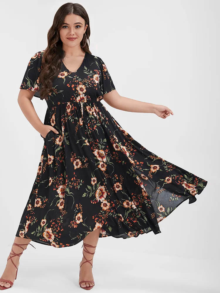 Floral Split Elastic Waist Pocket Ruffled Maxi Dress sold by Bloomchic