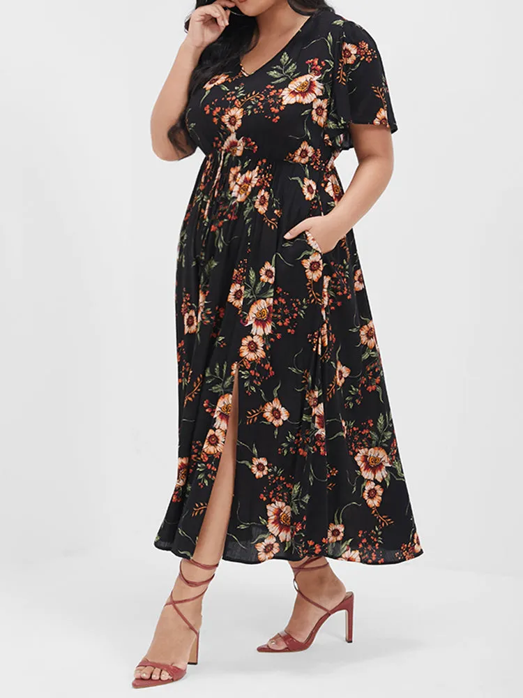 Floral Split Elastic Waist Pocket Ruffled Maxi Dress sold by Bloomchic product image thumbnail 5